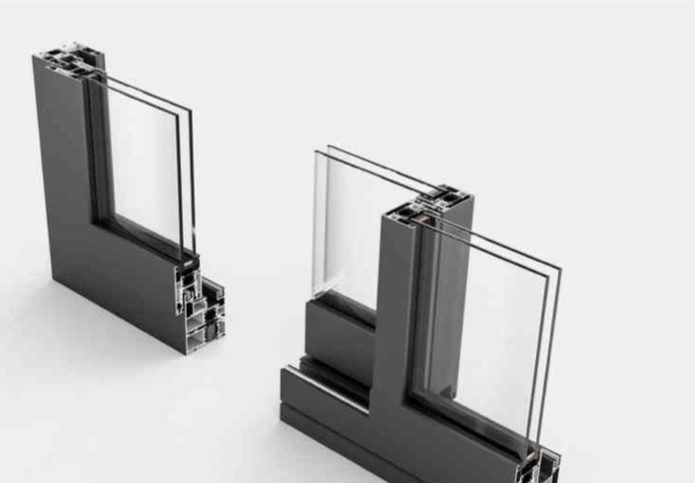 Cutaway of two aluminium window profile corners with double glazing